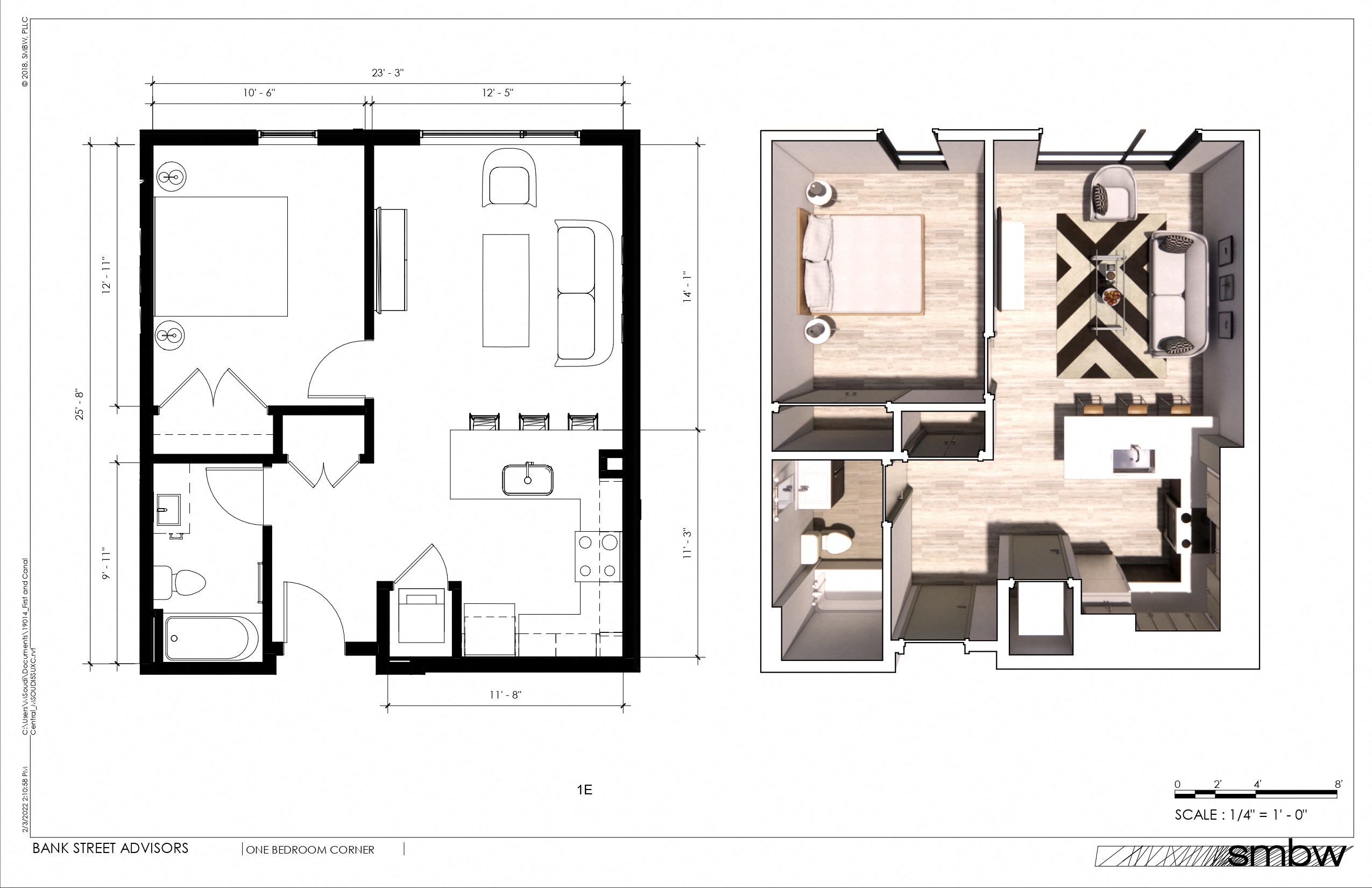 Floor plan for 1 bed, 1 bath, 652 sqft